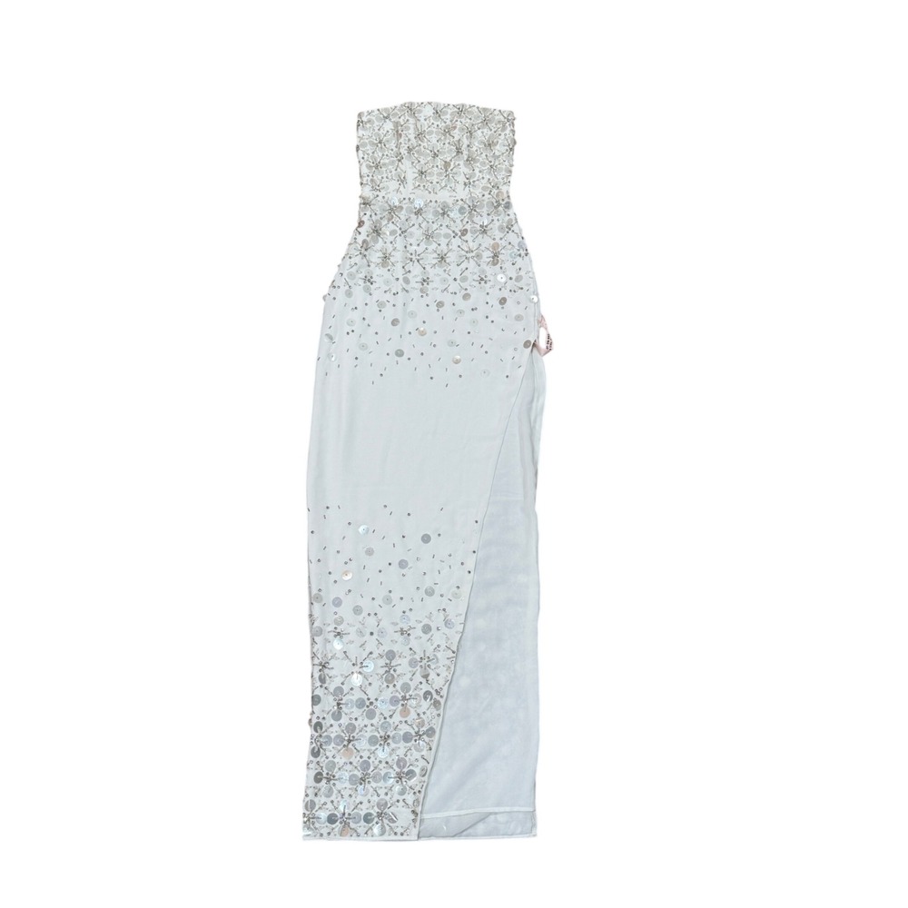 Oh Polly Alcyone Ivory White Hand Embellished Bandeau Corset Maxi Dress US 0